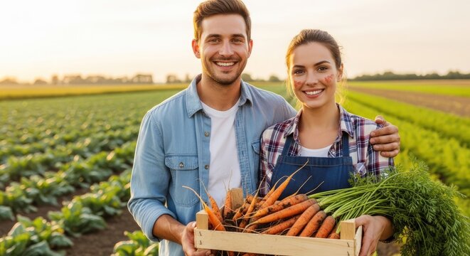 A smiling couple stands in a field of crops, holding a wooden crate filled with carrots. The man wears a denim shirt and jeans, while the woman wears a plaid shirt and apron.