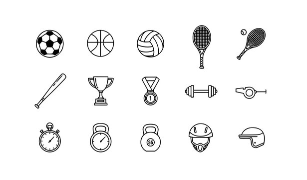 Minimalist Black Sports Icon Set with Balls, Fitness Gear, and Trophy Symbols for Digital and Print Use