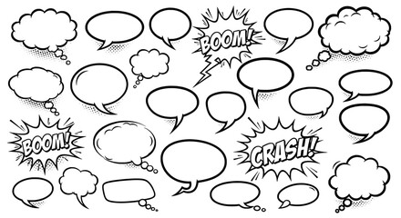 Fototapeta premium Speech bubbles comic book style with BOOM and CRASH text effects featuring illustration, graphic resource, vector graphics with dialogue elements and