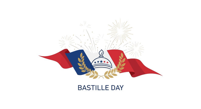 Logo celebrating Bastille Day on July 14th with a French flag and fireworks in a colorful, patriotic design against a white background.