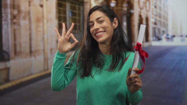 Woman holding rolled diploma with red ribbon and showing ok sign with hand on old town street; pride celebration.
