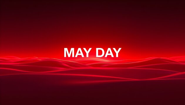 A vibrant red landscape with the words MAY DAY in the center