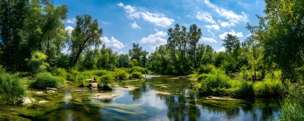 Obraz premium Riverbank natural greenery panorama