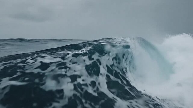 A powerful ocean wave crashes under a stormy sky