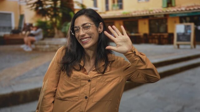 Woman in brown shirt smiling and waving her right hand on a stone street with cafe steps and outdoor terrace; friendly greeting.