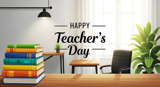 Happy teachers' day celebration with colorful books and cozy office decor