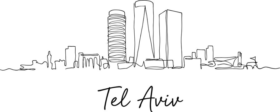 Minimalist Tel Aviv city skyline panorama continuous line art vector illustration