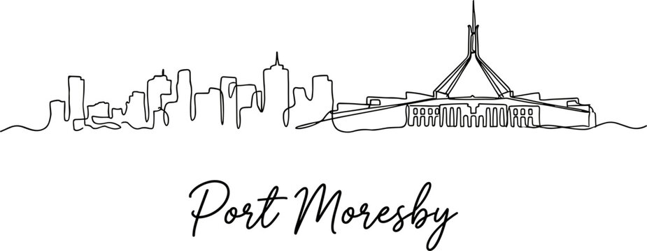 Port Moresby Papua New Guinea skyline with Parliament House continuous line drawing vector