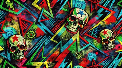 Fototapeta premium A photo of an abstract background with bright colors and a free pattern in punk style, featuring geometric shapes, bold lines, and vibrant hues like r