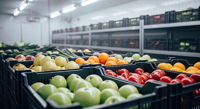 A refrigerated storage area displays several crates filled with colorful fresh fruits. The crates contain green apples, red apples, oranges, tomatoes, and pears.
