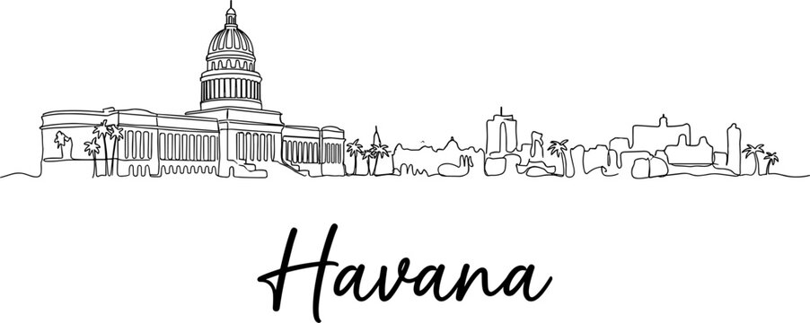 Havana Cuba city skyline with Capitolio building one line art vector illustration