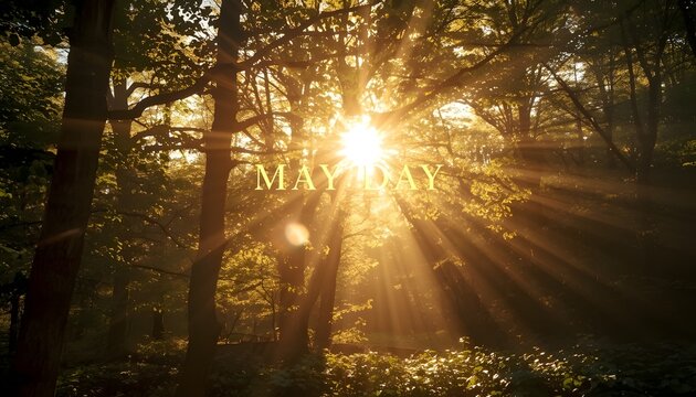 A serene forest scene with sunlight filtering through the trees on a beautiful day.