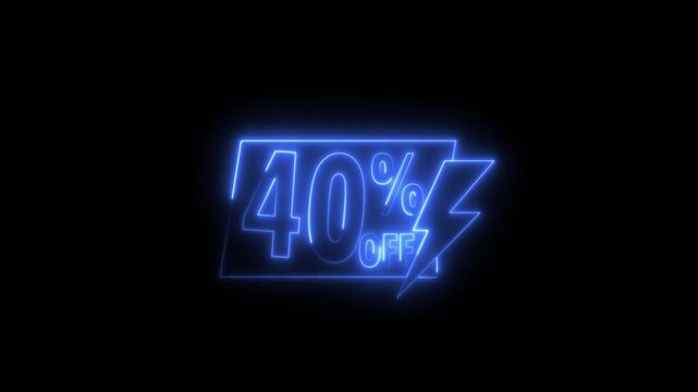Neon sale sign 40 percent off discount promotion retail store advertising glowing text on black background.