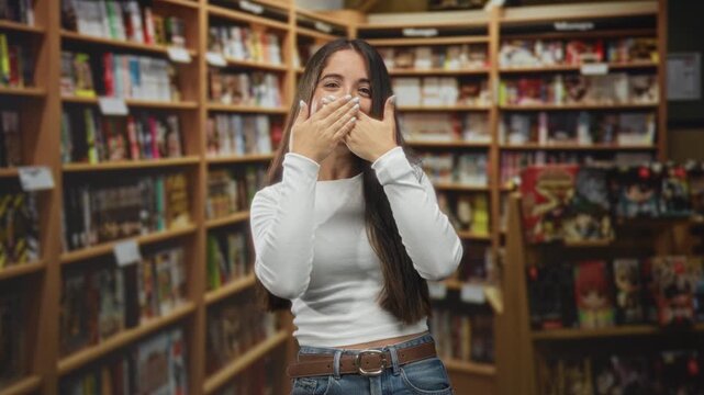 Young woman covering mouth with hands in a bookstore building, wearing white top and denim jeans; surprise curiosity.