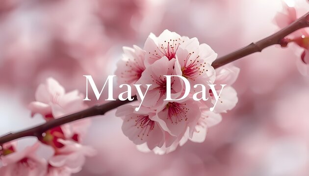 A beautiful close-up of pink cherry blossoms on a branch with the words May Day superimposed.