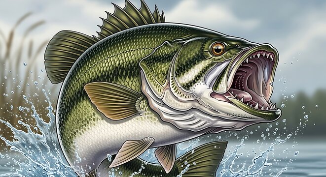 An artistic illustration of a largemouth bass jumping out of the water with its mouth wide open to catch some food illustration