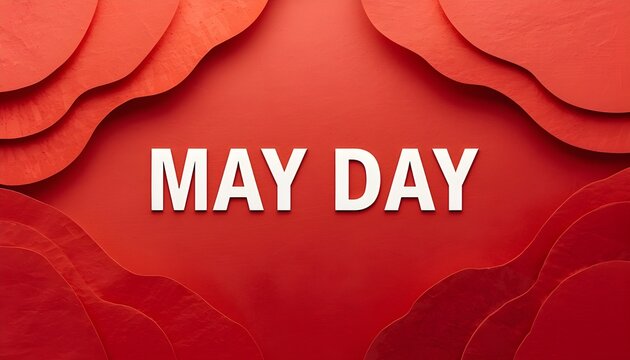 A vibrant red background with layered paper cutouts and the words MAY DAY in white text