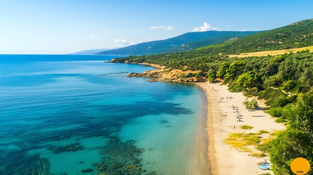 Ema Beach Sithonia Greece turquoise water sandy shore green hills