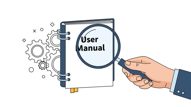 Hand holding a magnifying glass focuses on a user manual to understand complex instructions and technical mechanical processes with gears.