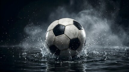 Fototapeta premium Soccer ball with water mist and spray creating soft fresh football concept.
