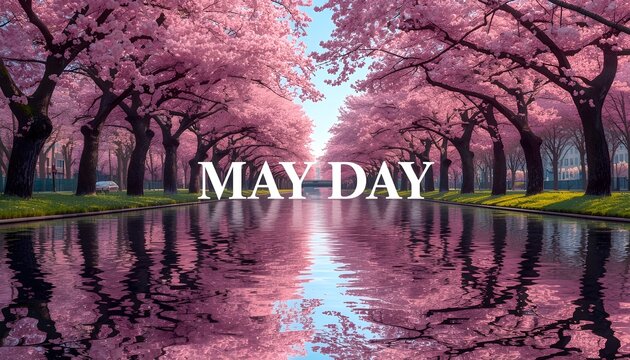 A serene landscape of cherry blossom trees lining a reflective pool on a May Day