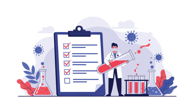 Medical researcher stands next to a giant checklist and test tubes while conducting important blood tests and virus research experiments.