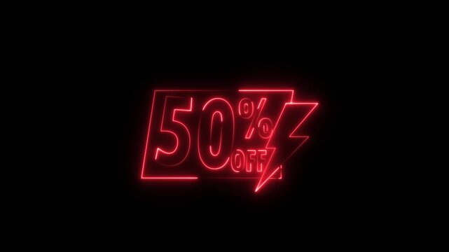 Neon sale sign 50 percent off discount promotion retail store advertising glowing red text on black background.