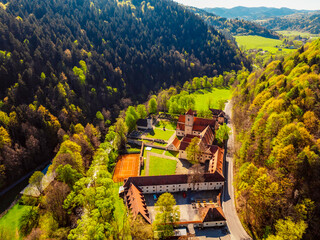 Medieval monastery Cerveny Klastor near Peak Tri Koruny or Trzy Korony in Pieniny National park in Slovakia and Poland © Zedspider