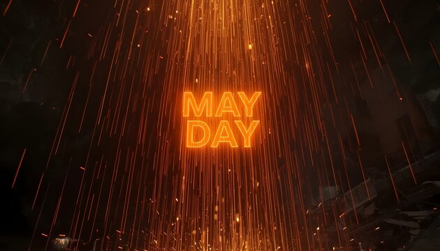 A vibrant neon sign reading May Day shines brightly in a dark background with streaks of light