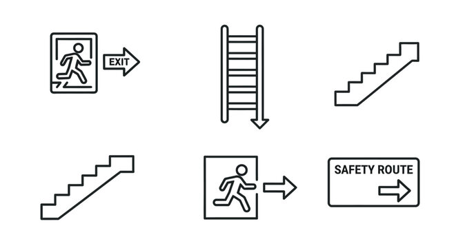 Safety exit route signs and stairs.