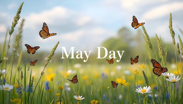 A serene field of wildflowers with butterflies flying around on a sunny day