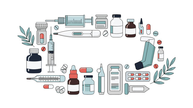 Various medical items including pills, syringes, thermometers, and inhalers are arranged in a circular frame representing healthcare.