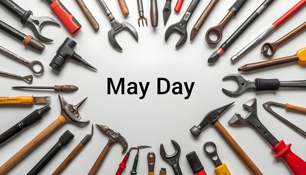 A collection of various tools arranged in a circle with the words May Day in the center