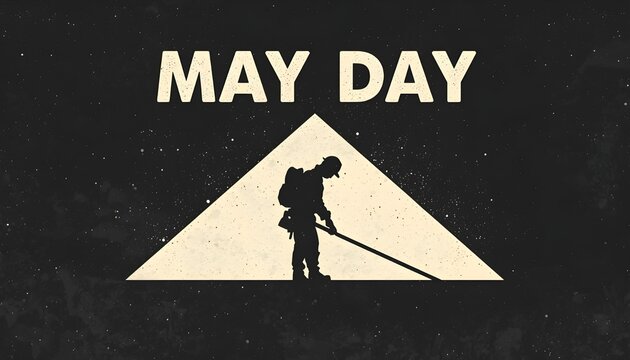A graphic illustration of a worker on May Day with a silhouette of a person in front of a triangle