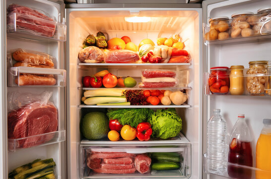 Fully Stocked Refrigerator with Fresh Vegetables, Meats, and Healthy Grocery Items