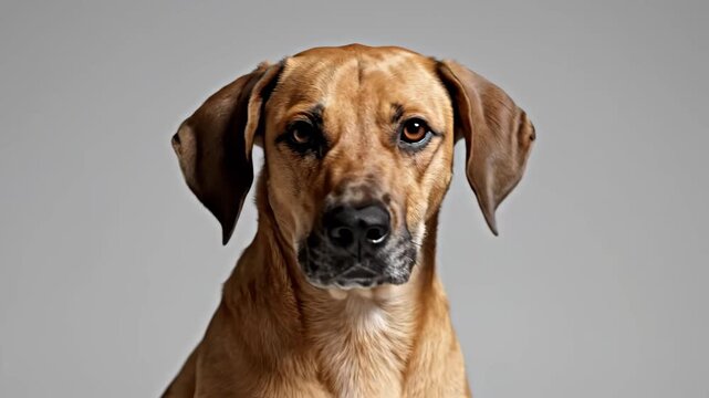 Close-up Studio Portrait of a Tan Mixed Breed Dog with Floppy Ears Looking Directly at Camera
