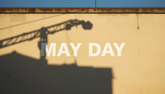 A shadow of a crane on a yellow wall with the words May Day written in white letters