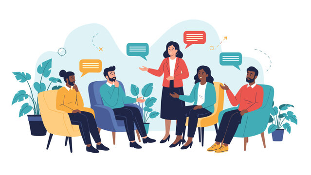 Group of diverse people sitting in circle during therapy session or community meeting discussing problems and sharing support in a comfortable room.
