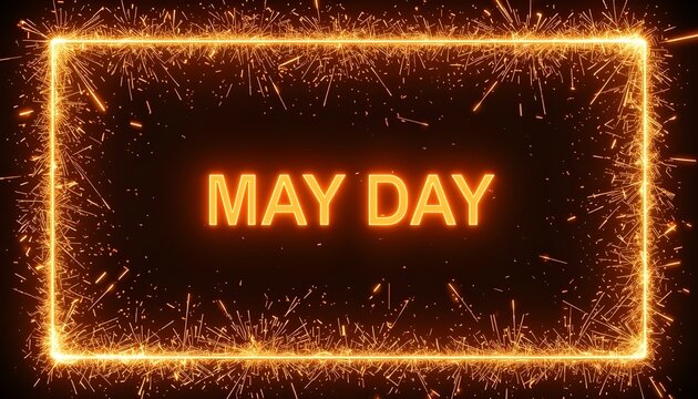 A vibrant May Day graphic with sparkling flames and a bold orange message