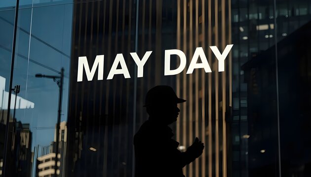 A silhouette of a man in a cityscape with a MAY DAY sign reflected in a glass building