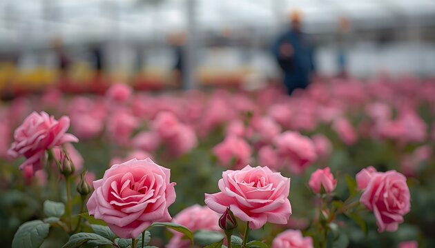 A serene field of pink roses in a greenhouse with a person in the background