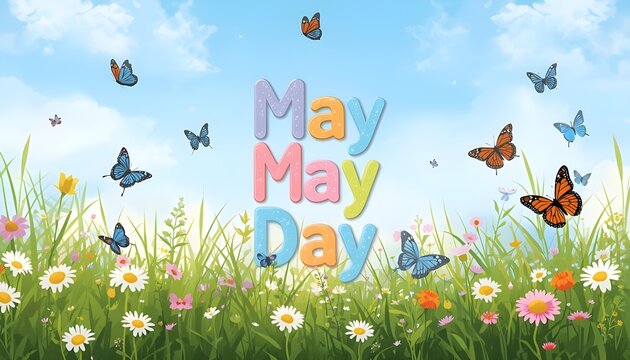 A colorful illustration of butterflies and flowers celebrating May Day