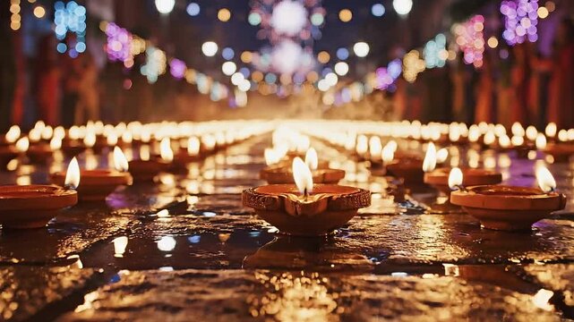 Diwali festival lights shine brightly on wet pavement at night