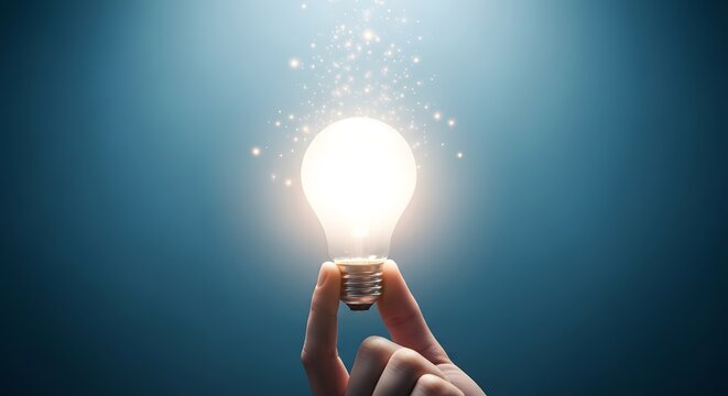 A hand holding a glowing light bulb with bright shining light