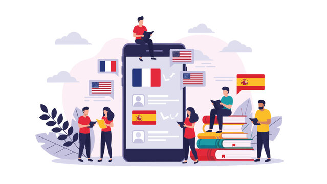 Diverse group of international students learning different foreign languages using a mobile app on a large smartphone with flags icons.