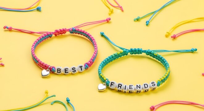 Best friends bracelets concept with engraved beads
Friendship bracelets with colorful cords and charms
Matching friendship bracelet set for friends