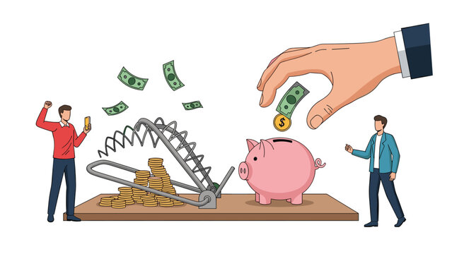 Strategic financial management showing a giant hand saving money in a piggy bank while carefully avoiding a dangerous and metal mouse trap.