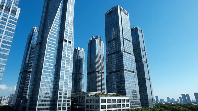Modern skyscraper skyline with glass towers under blue sky.