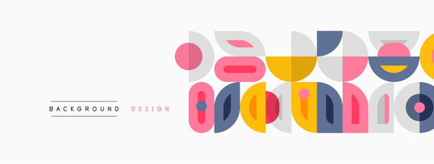 Fototapeta premium Abstract geometric shapes create playful background. Colors include pink, yellow, purple, blue, orange. Minimalist design feels modern, fresh.