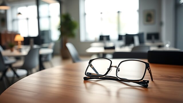 afterhours. A clean wooden desk with eyeglasses, set in a quiet after-hours office atmosphere. pitch deck slides, case study pages, designed for brand storytelling and e-commerce strategy.
